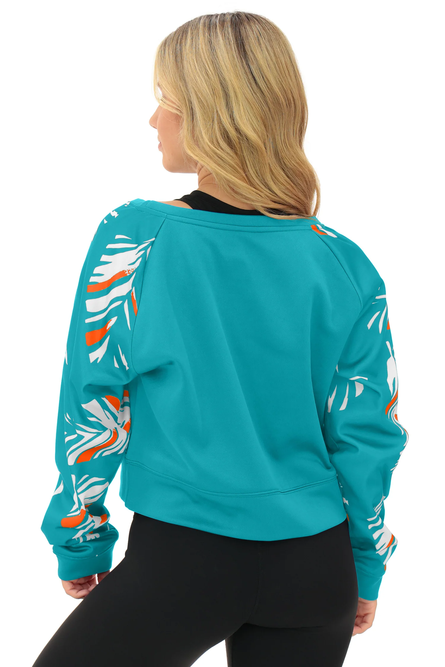 Zubaz NFL   Women's Script 3 Color Leaf Boatneck Raglan Crew, MIAMI DOLPHINS - Image 3