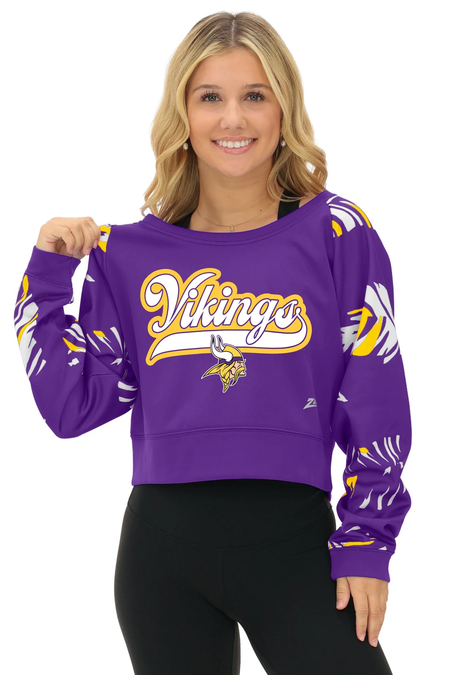 Zubaz NFL   Women's Script 3 Color Leaf Boatneck Raglan Crew, MINNESOTA VIKINGS - Image 16