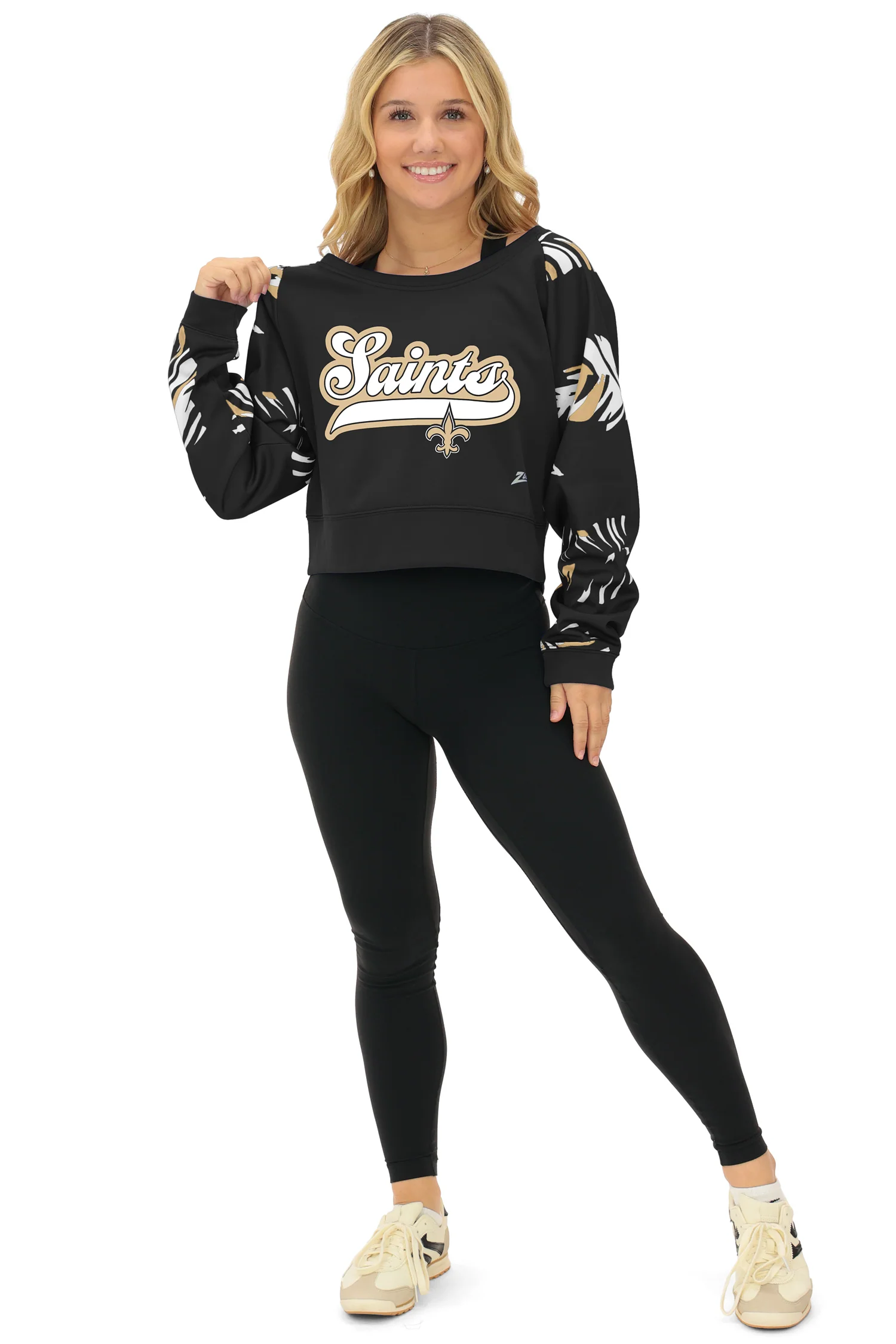 Zubaz NFL Women's Script 3 Color Leaf Boatneck Raglan Crew, NEW ORLEANS SAINTS - Image 4